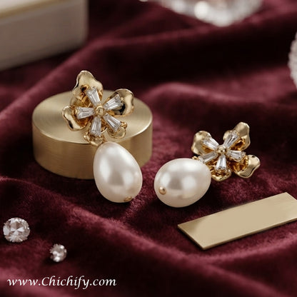 Golden Blossom Pearl Drop Earrings – Gold-Plated Floral CZ Earrings for Women