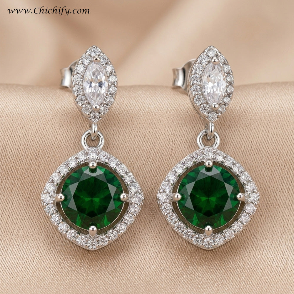 Chichify Emerald Luxe Halo Drop Earrings for Women Party Wear Earrings