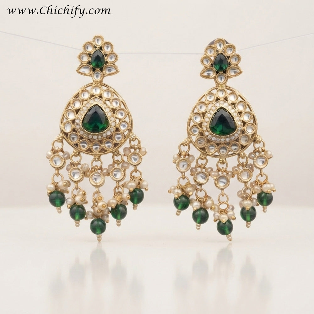 Emerald Green Kundan Pearl Dangler Earrings