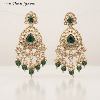 Emerald Green Kundan Pearl Dangler Earrings
