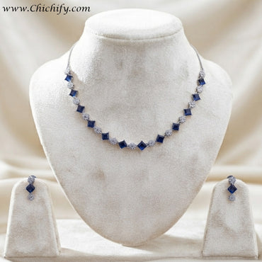 Blue Color AD Necklace Square Shape