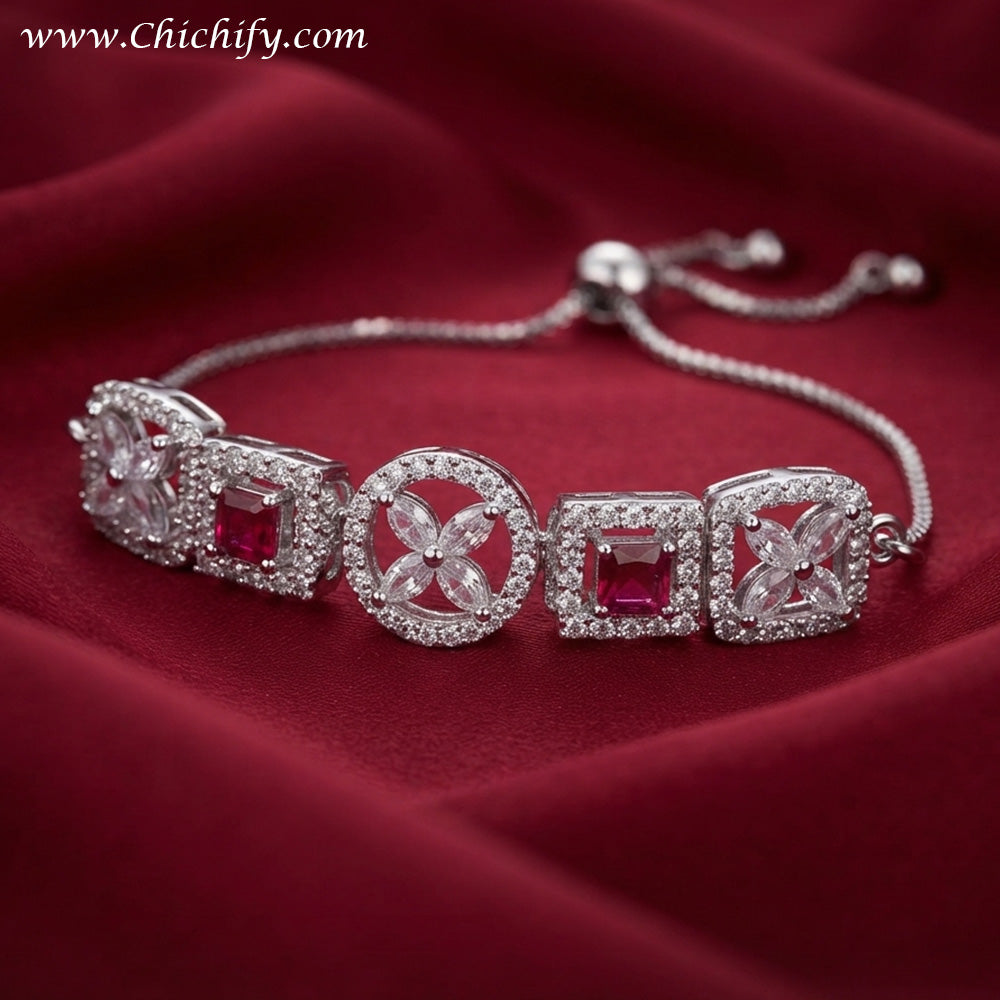 Silver AD Red Square Designer Bracelet