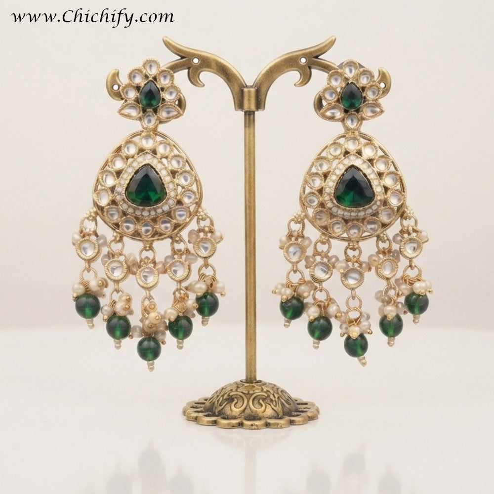 Emerald Green Kundan Pearl Dangler Earrings