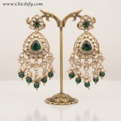 Emerald Green Kundan Pearl Dangler Earrings