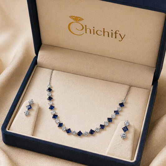 Blue Color AD Necklace Square Shape