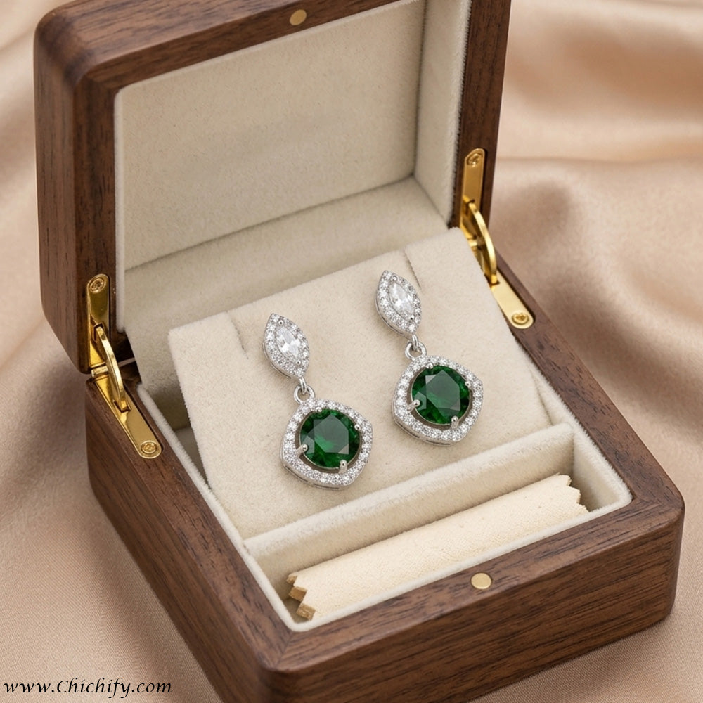 Chichify Emerald Luxe Halo Drop Earrings for Women Party Wear Earrings