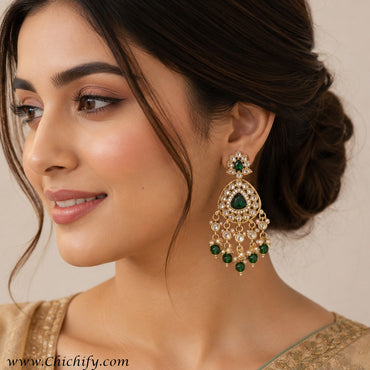 Emerald Green Kundan Pearl Dangler Earrings