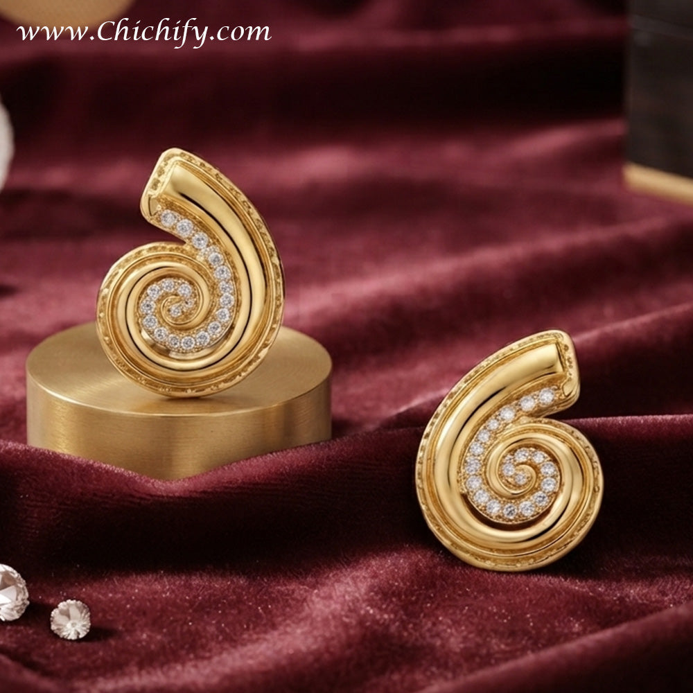 Golden Spiral Luxe Stud Earrings – Gold-Plated CZ Statement Earrings for Women