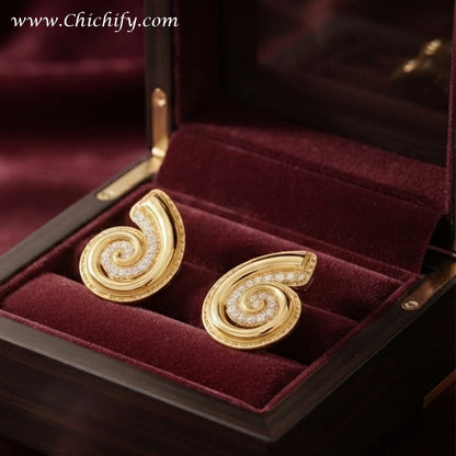 Golden Spiral Luxe Stud Earrings – Gold-Plated CZ Statement Earrings for Women