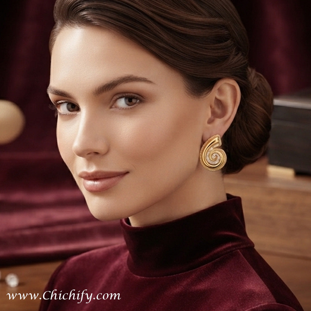 Golden Spiral Luxe Stud Earrings – Gold-Plated CZ Statement Earrings for Women