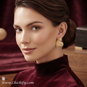 Golden Spiral Luxe Stud Earrings – Gold-Plated CZ Statement Earrings for Women