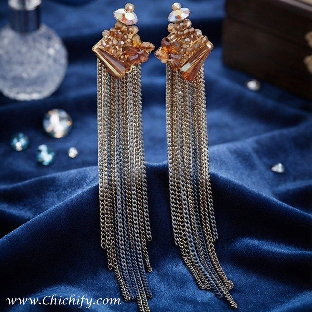 Amber Crystal Tassel Drop Earrings – Long Chain Statement Earrings for Women