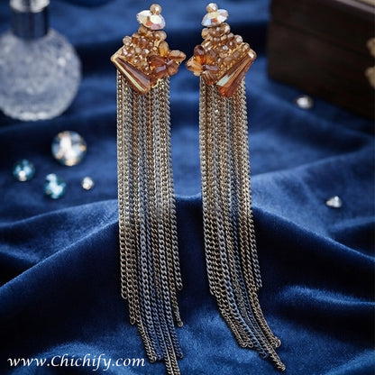 Amber Crystal Tassel Drop Earrings – Long Chain Statement Earrings for Women