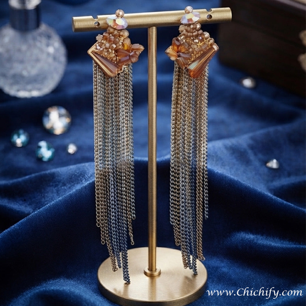 Amber Crystal Tassel Drop Earrings – Long Chain Statement Earrings for Women