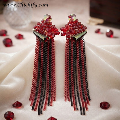 Ruby Bloom Tassel Drop Earrings – Crystal Chain Statement Earrings for Women