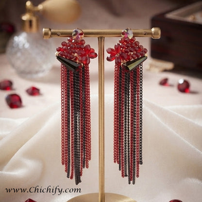 Ruby Bloom Tassel Drop Earrings – Crystal Chain Statement Earrings for Women