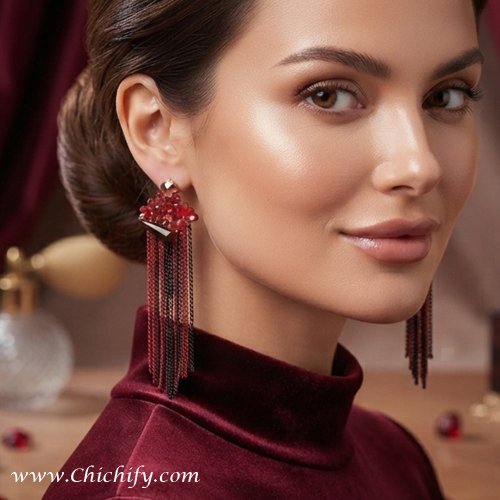 Ruby Bloom Tassel Drop Earrings – Crystal Chain Statement Earrings for Women