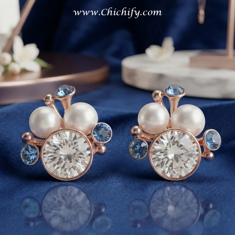 Celeste Pearl & Sapphire Stud Earrings – Rose Gold Crystal Earrings for Women