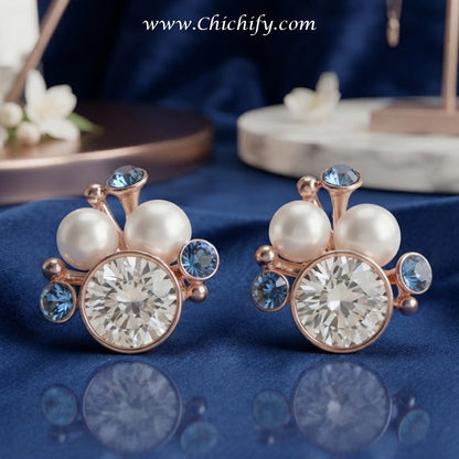 Celeste Pearl & Sapphire Stud Earrings – Rose Gold Crystal Earrings for Women