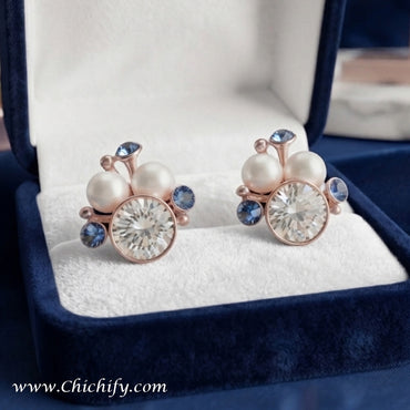 Celeste Pearl & Sapphire Stud Earrings – Rose Gold Crystal Earrings for Women