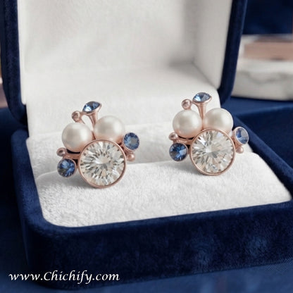 Celeste Pearl & Sapphire Stud Earrings – Rose Gold Crystal Earrings for Women