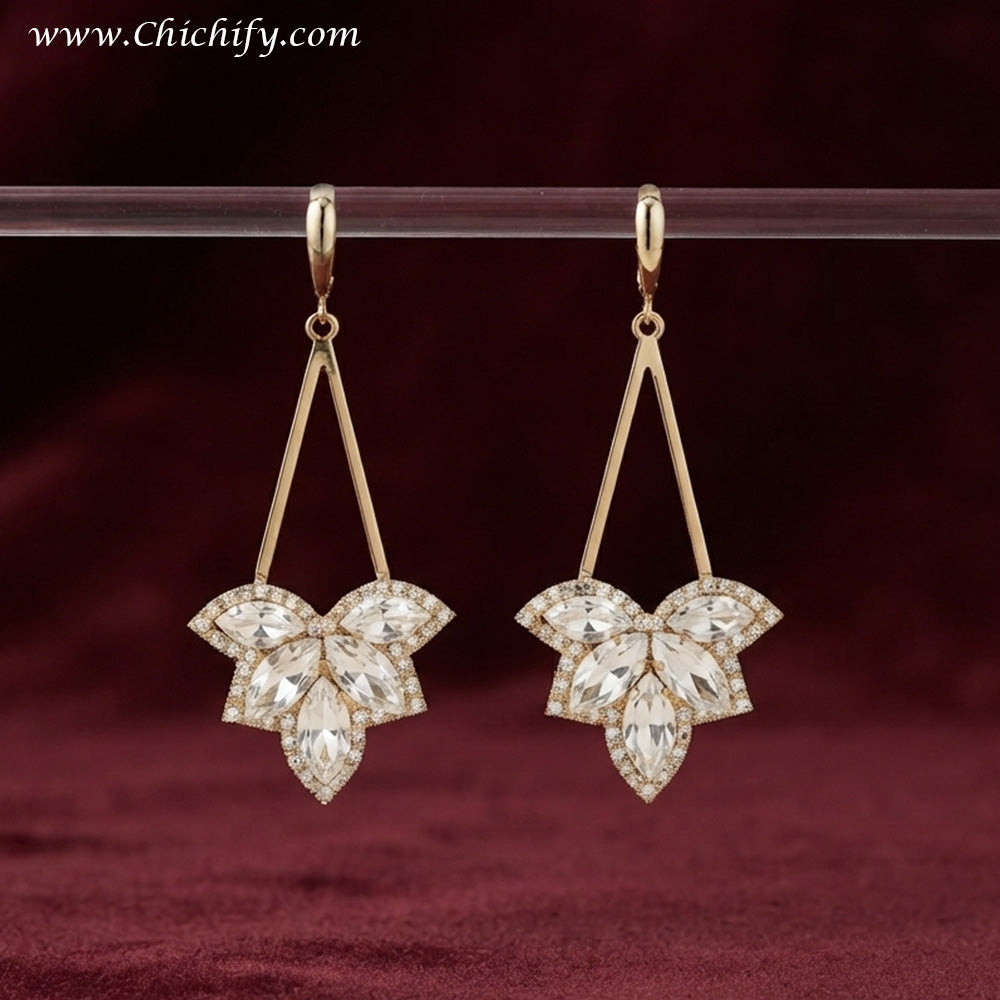 Celestial Crystal Bloom Drop Earrings – Gold-Plated Statement Earrings for Women