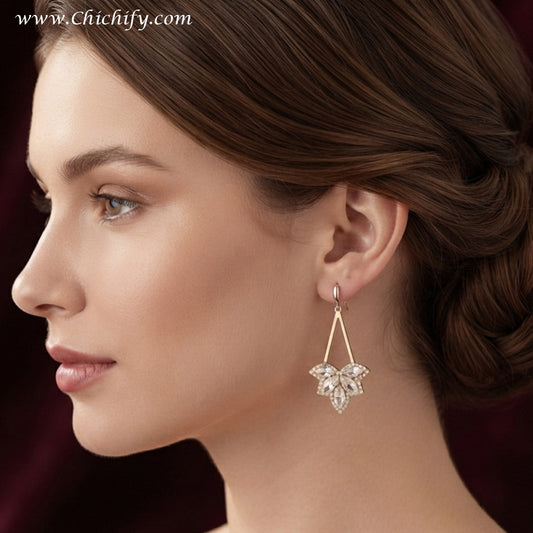 Celestial Crystal Bloom Drop Earrings – Gold-Plated Statement Earrings for Women