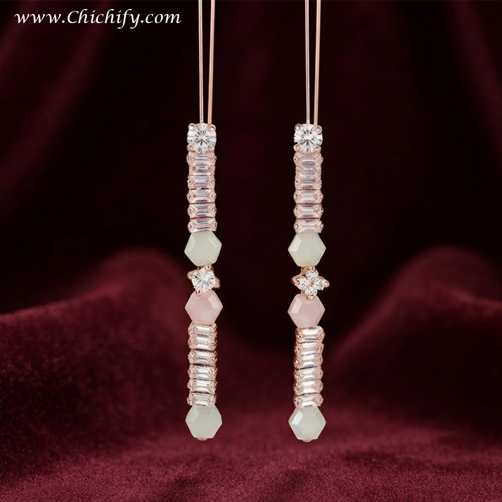 Blush Crystal Bar Drop Earrings – Rose Gold CZ Statement Earrings for Women