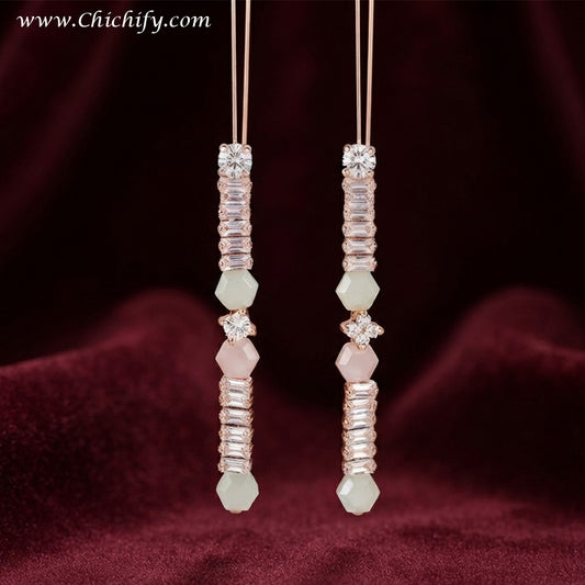 Blush Crystal Bar Drop Earrings – Rose Gold CZ Statement Earrings for Women
