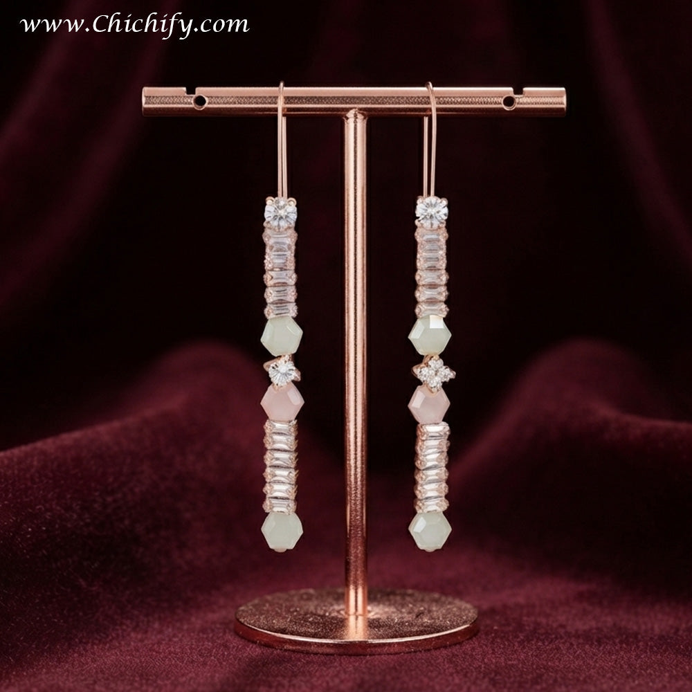 Blush Crystal Bar Drop Earrings – Rose Gold CZ Statement Earrings for Women