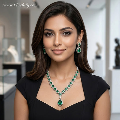 Chichify Green Stone Necklace Set for Women