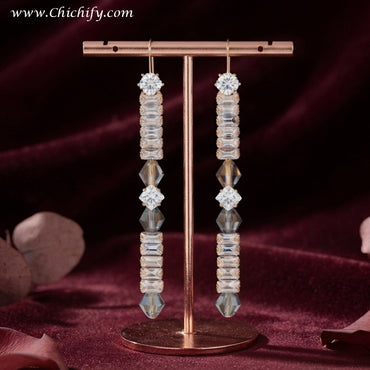 Rose Gold Crystal Bar Drop Earrings – Elegant CZ Statement Earrings for Women