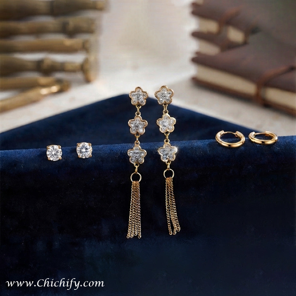Floral Charm 3-in-1 Gold-Tone Earring Set
