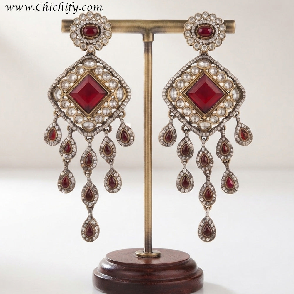Ruby Red Kundan Chandelier Earrings