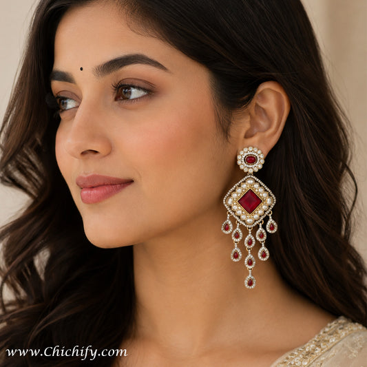 Ruby Red Kundan Chandelier Earrings