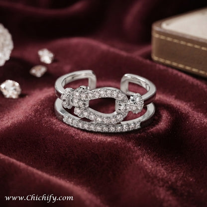 Silver Luxe Pave Buckle Adjustable Ring