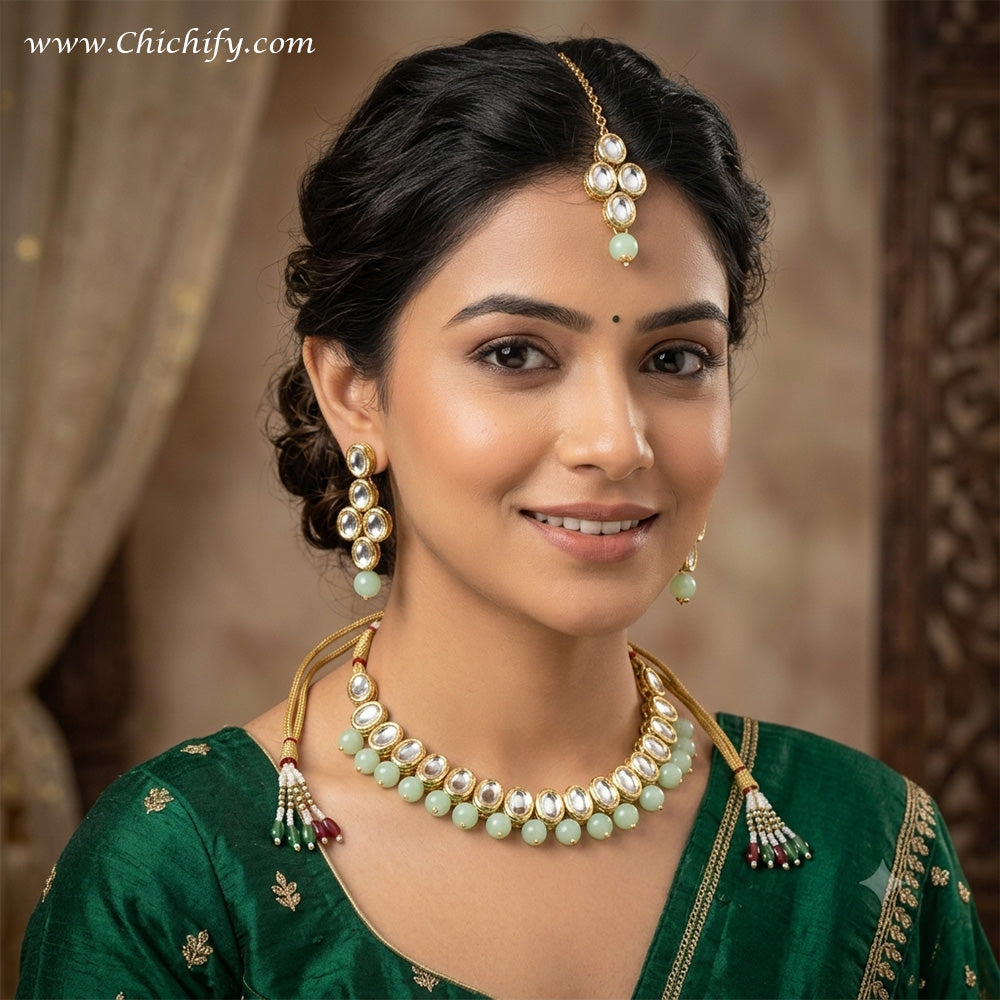 Mint Kundan Necklace Set for Women