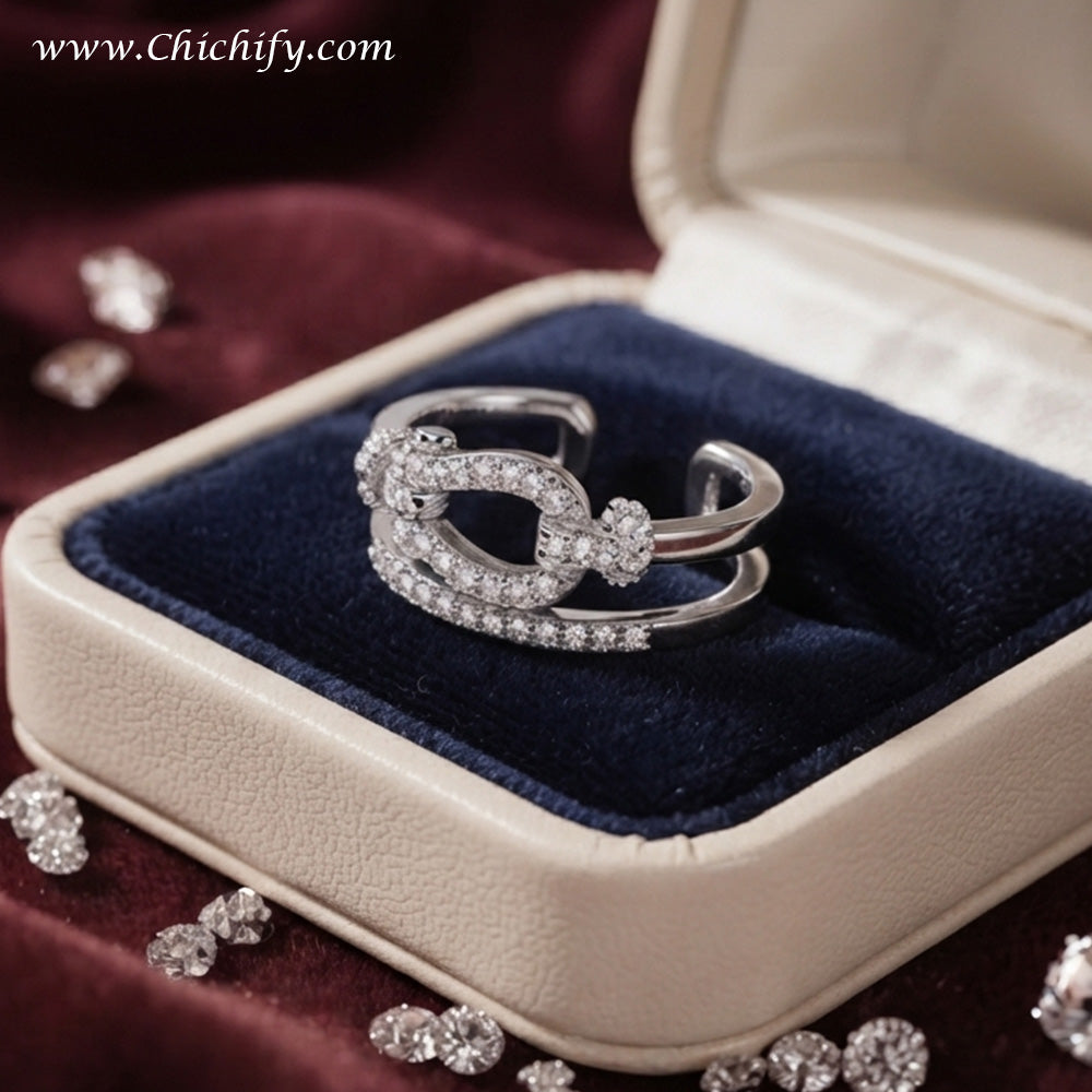 Silver Luxe Pave Buckle Adjustable Ring