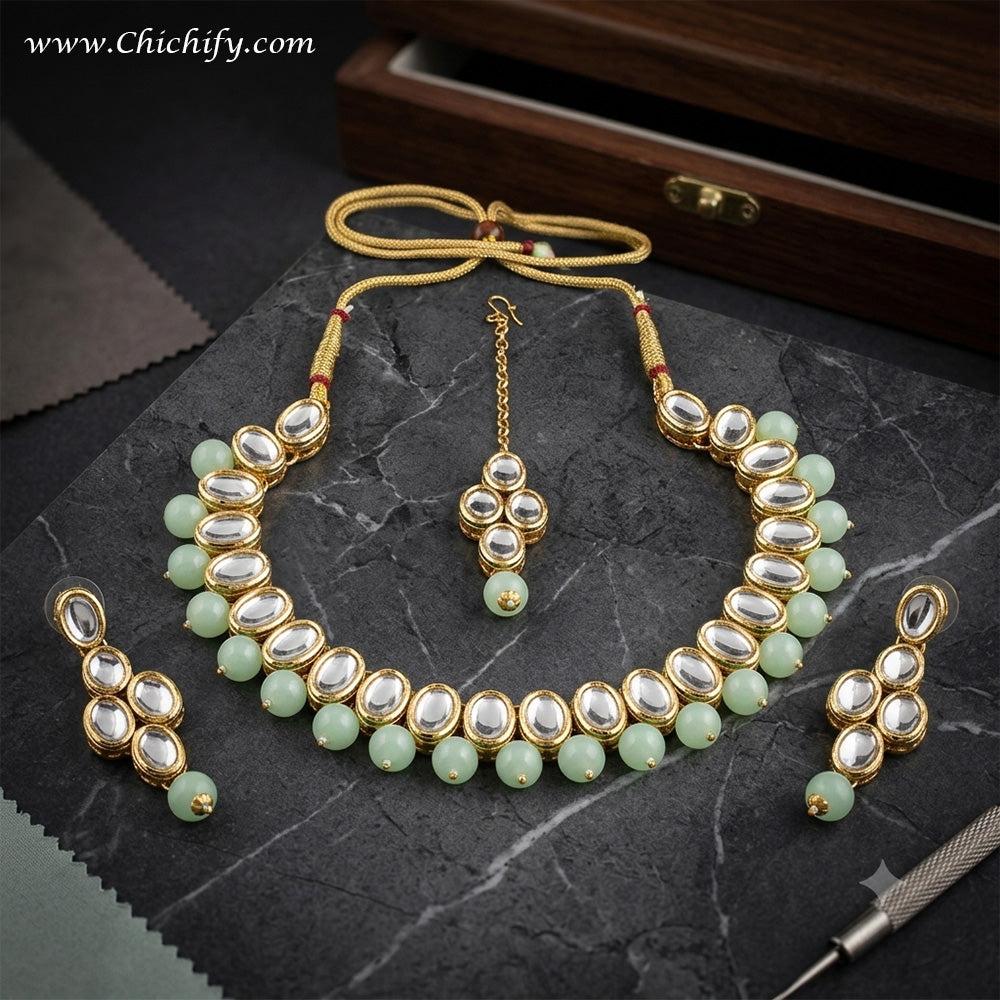 Mint Kundan Necklace Set for Women