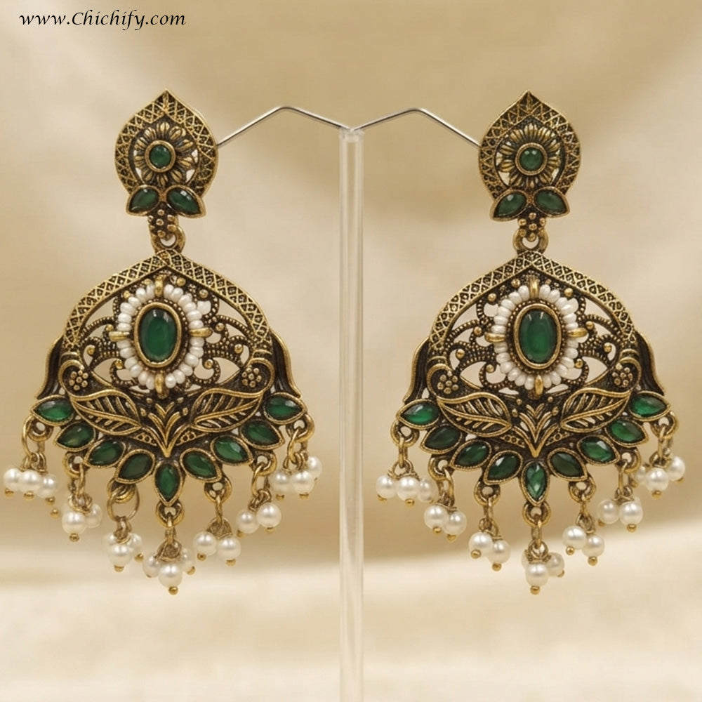 Royal Emerald Leaf Chandbali Earrings