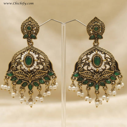 Royal Emerald Leaf Chandbali Earrings