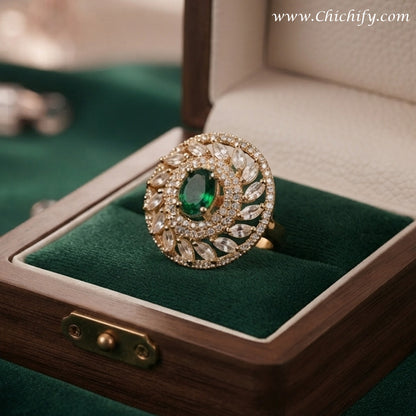 Chichify Royal Emerald AD Floral Adjustable Ring