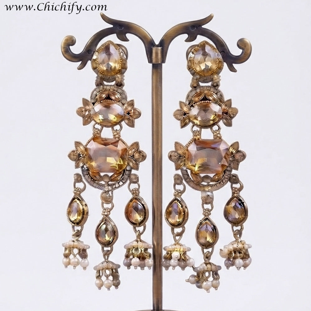 Royal Champagne Gold Kundan Jhumka Earrings