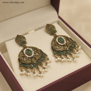 Royal Emerald Leaf Chandbali Earrings