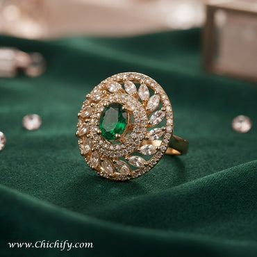Chichify Royal Emerald AD Floral Adjustable Ring