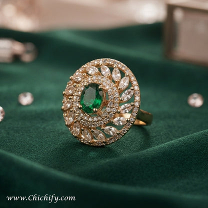 Chichify Royal Emerald AD Floral Adjustable Ring
