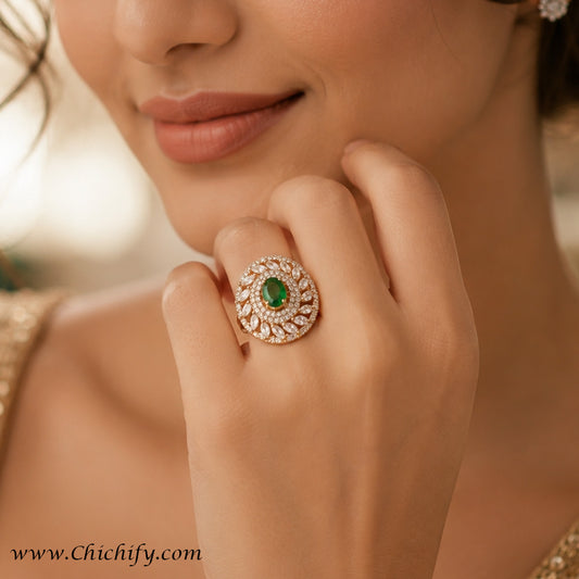 Chichify Royal Emerald AD Floral Adjustable Ring