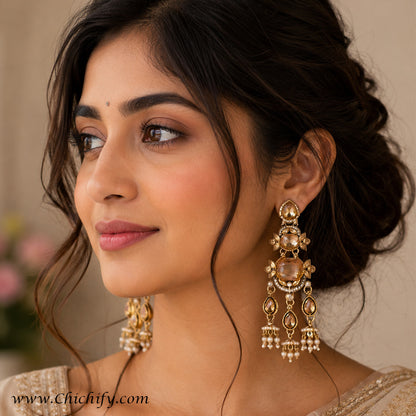 Royal Champagne Gold Kundan Jhumka Earrings