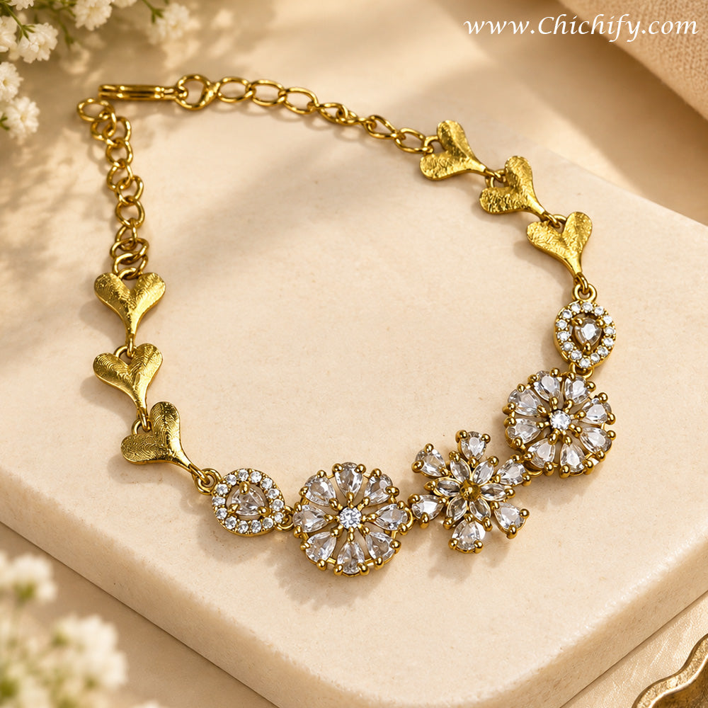 Golden Floral Bloom American Diamond Bracelet