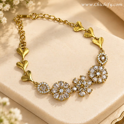 Golden Floral Bloom American Diamond Bracelet